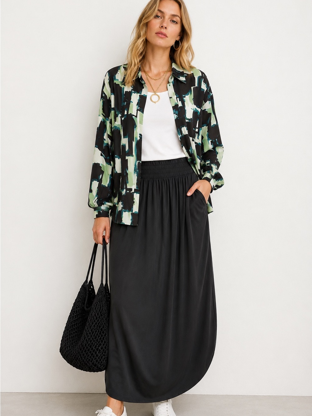 Geo Print LONG SLEEVE BUTTON CLOSURE PRINTED BLOUSE TOP